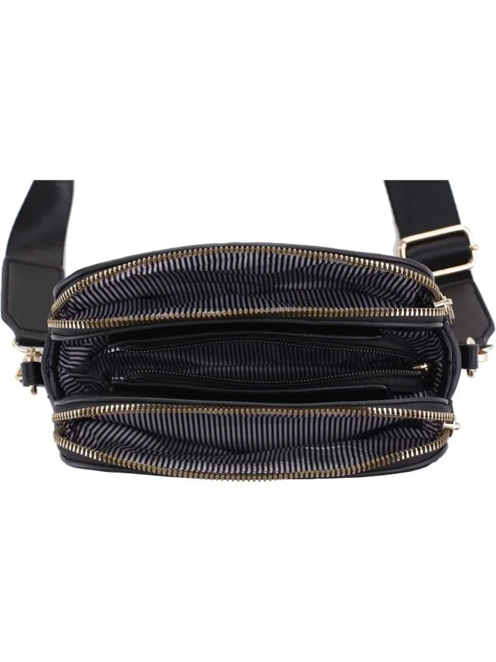 Women's Black Trendy Triple Zip Small Crossbody Bag Purse with Guitar Strap